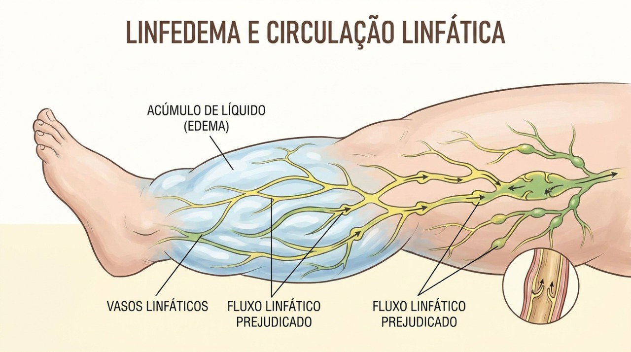 No linfedema, a dificuldade de drenagem da linfa pode provocar acúmulo de líquido e aumento do volume do membro.