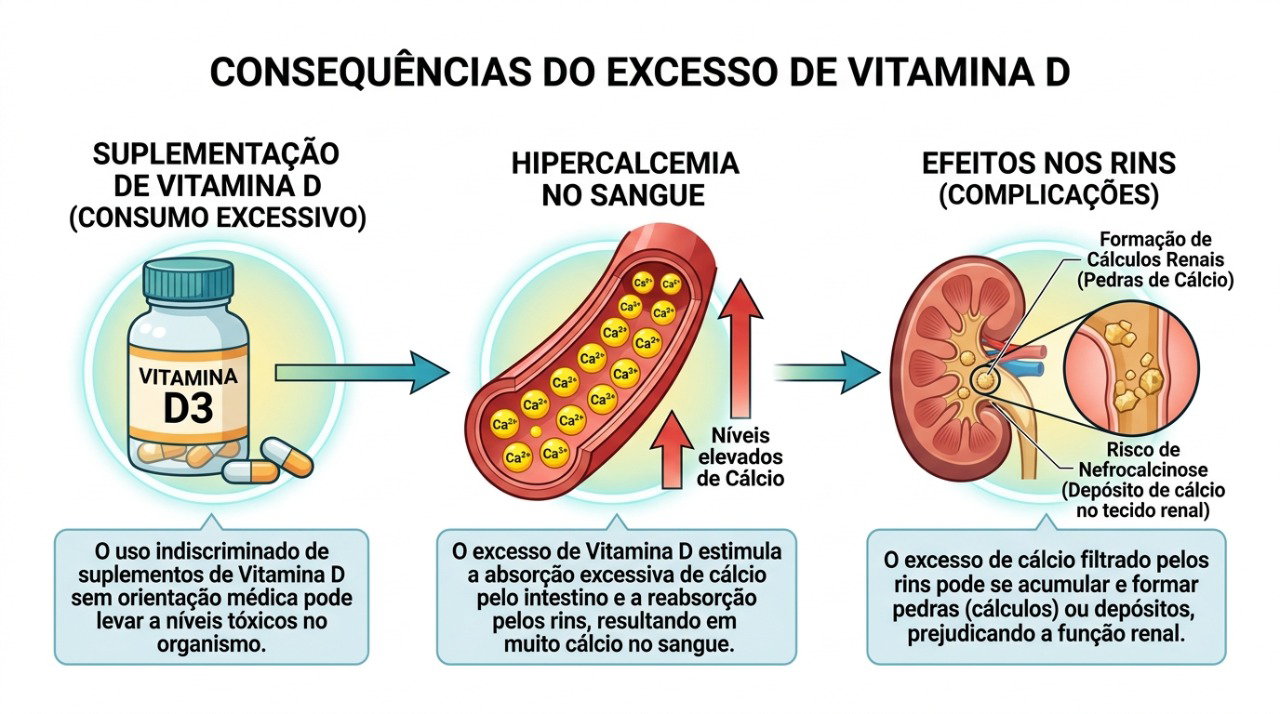 O excesso de vitamina D pode elevar o cálcio no sangue e causar sintomas como sede, náusea e fraqueza.