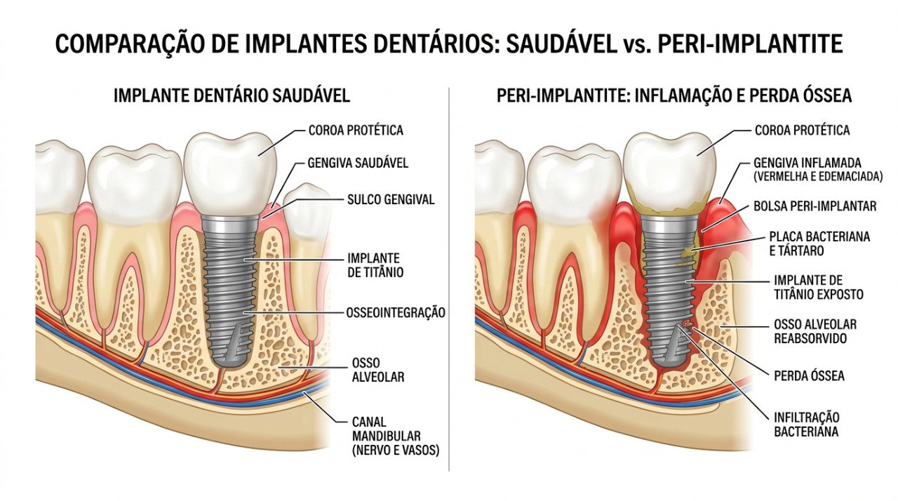 Peri-implantite pode causar inflamação e perda progressiva do osso que sustenta o implante.