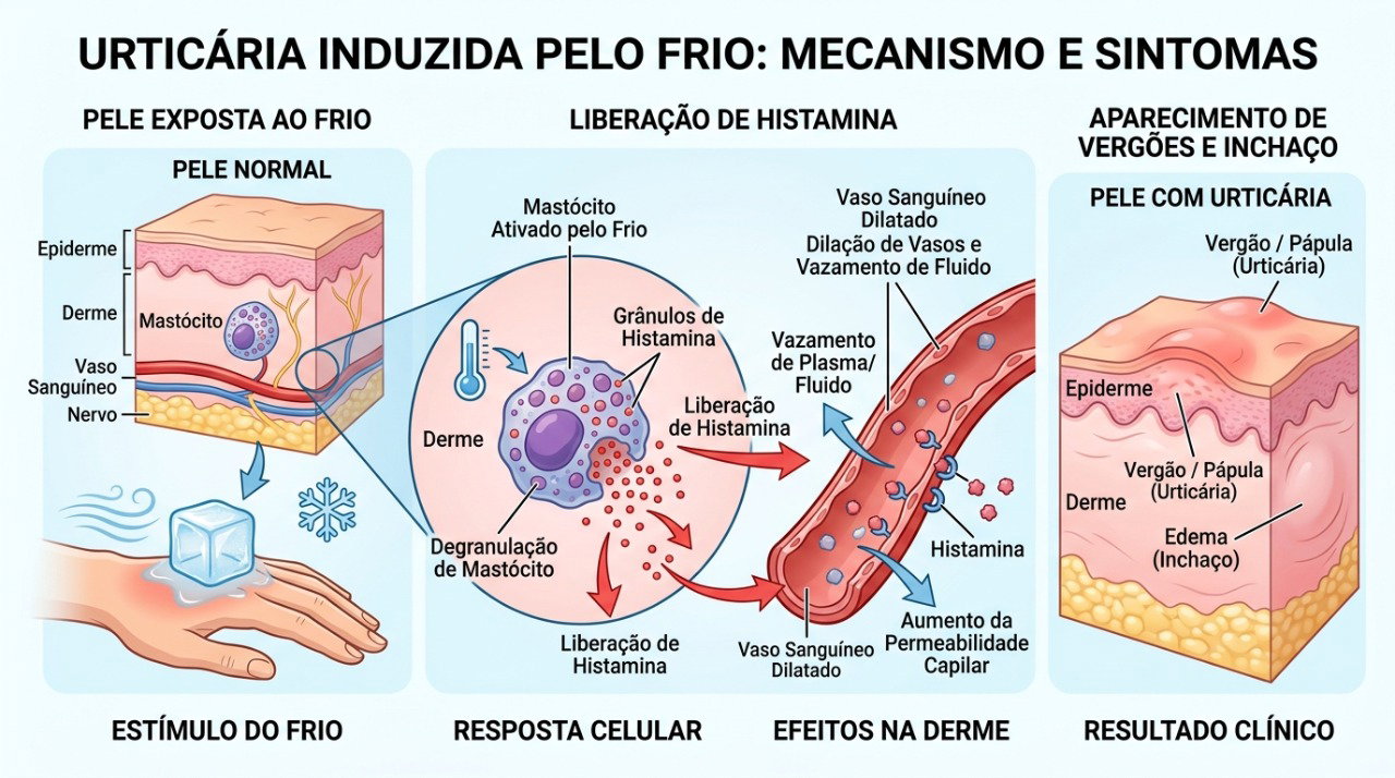 Na urticária ao frio, a baixa temperatura pode ativar mastócitos e desencadear coceira, placas e inchaço.