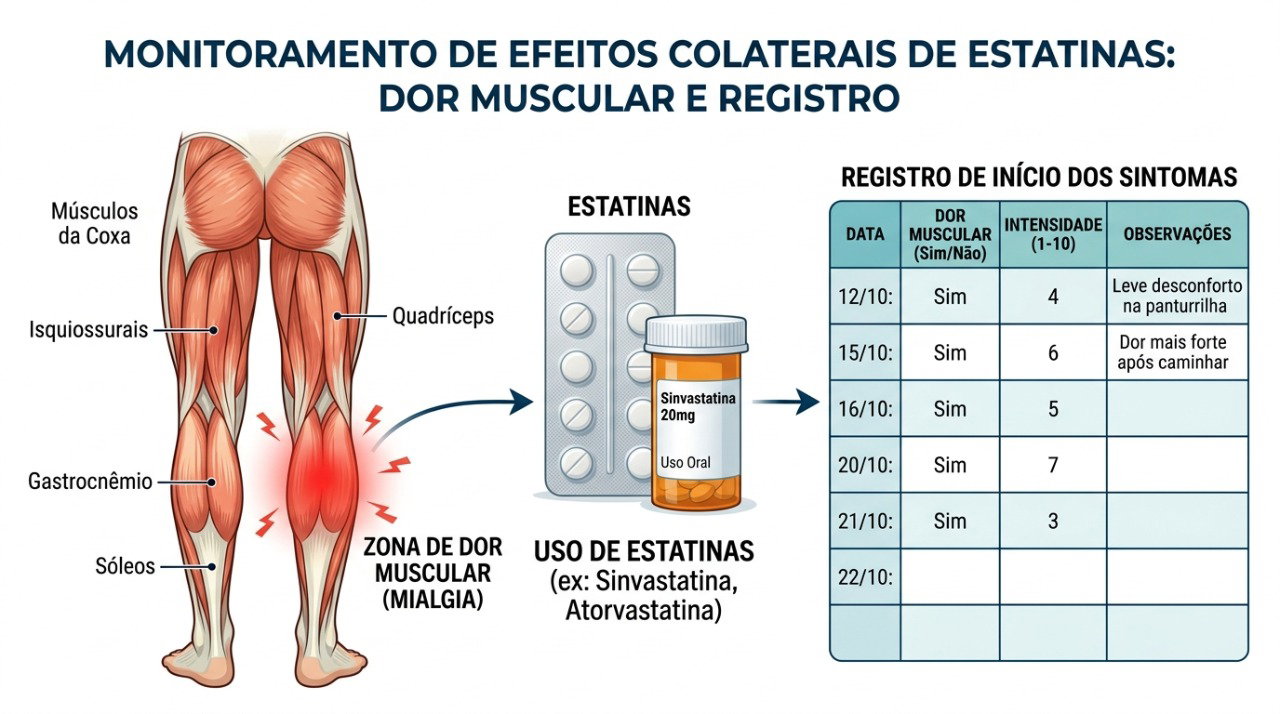 Observar quando a dor começou e se houve mudança na dose ajuda a investigar a relação com a estatina.