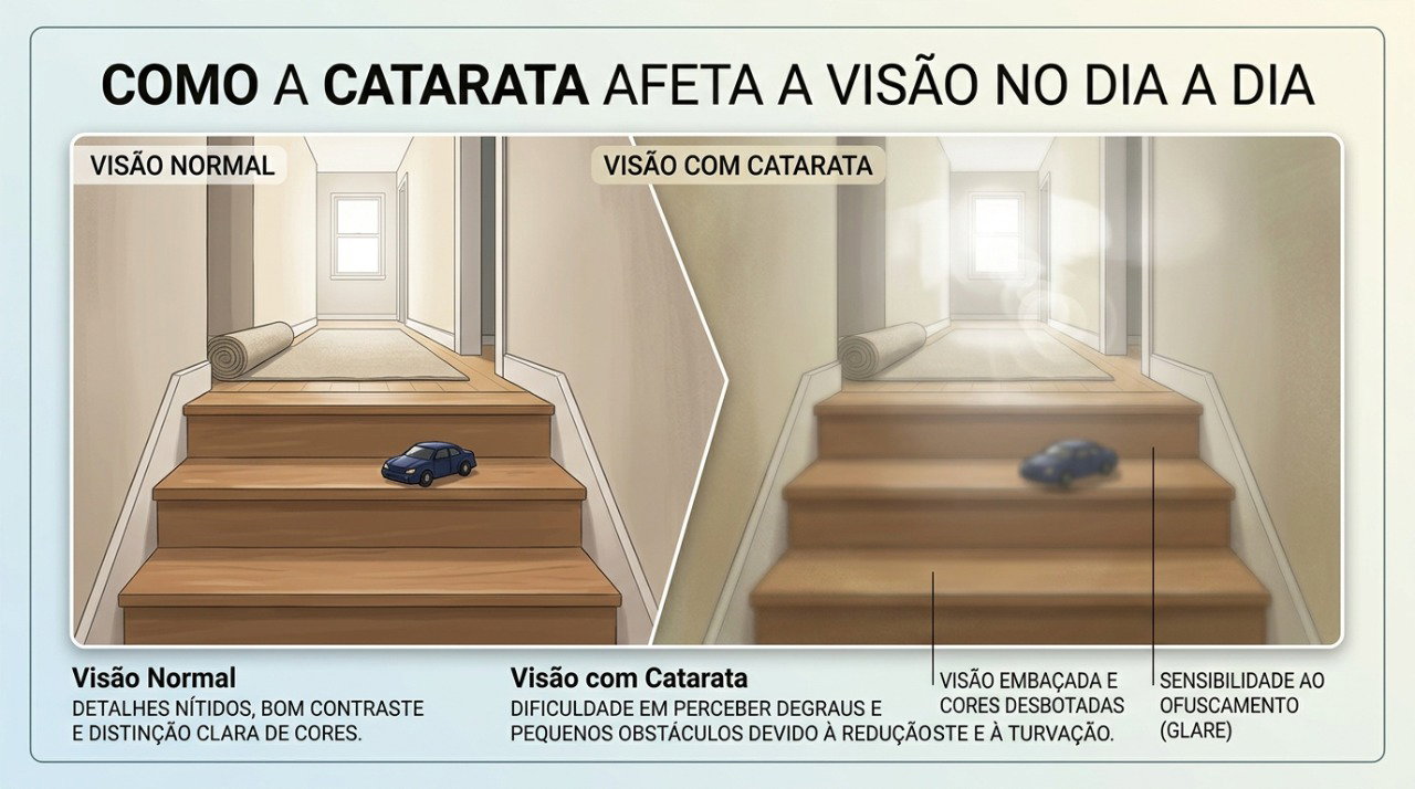 A redução da nitidez e do contraste pode tornar obstáculos e mudanças no piso mais difíceis de perceber.