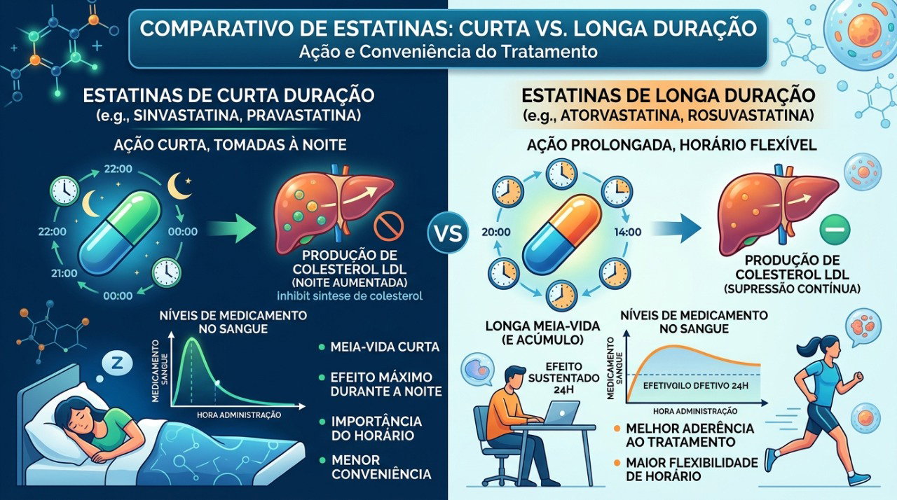 Estatinas de ação curta costumam ser orientadas à noite, enquanto algumas de ação prolongada permitem maior flexibilidade de horário.