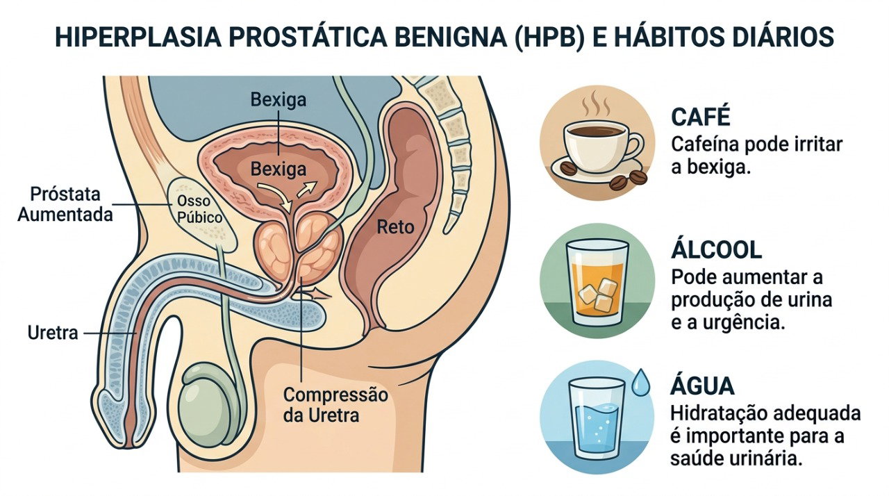 Reduzir cafeína, álcool e excesso de líquidos à noite pode ajudar alguns sintomas, mas não diminui a próstata.