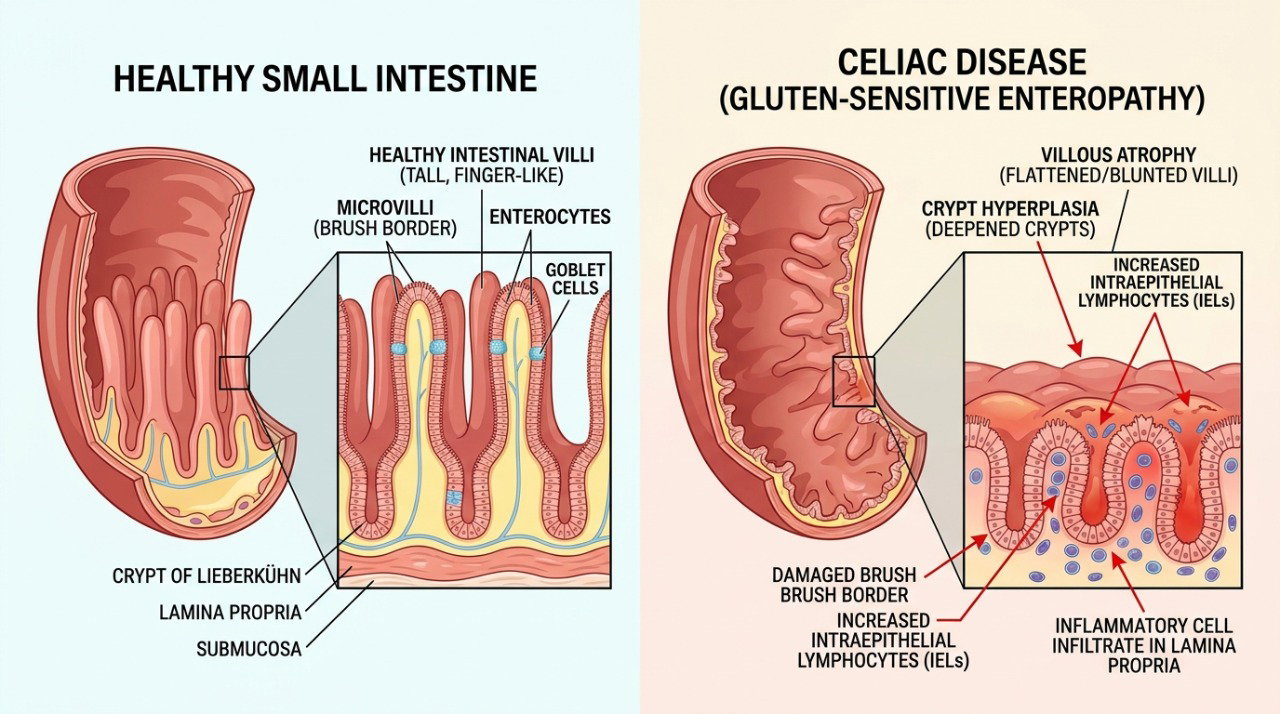 A doença celíaca pode provocar inflamação e lesões no intestino delgado.