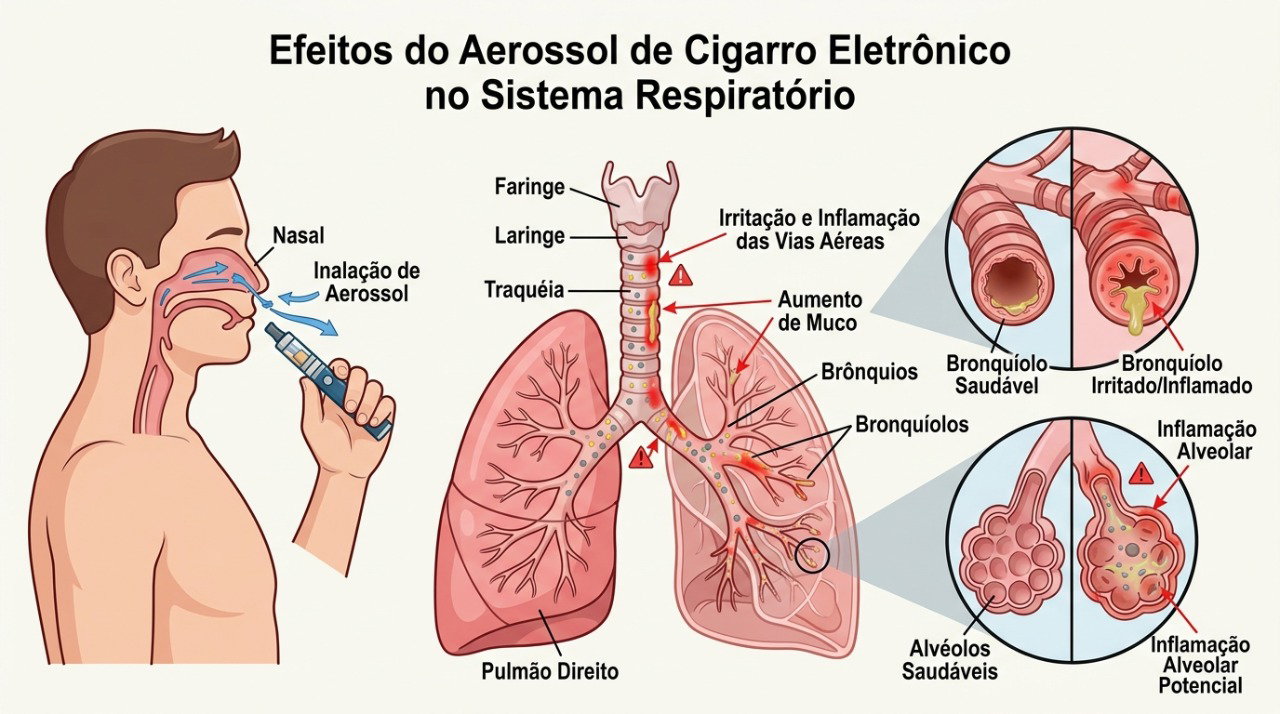 O aerossol do cigarro eletrônico pode levar partículas e outras substâncias para regiões profundas dos pulmões.