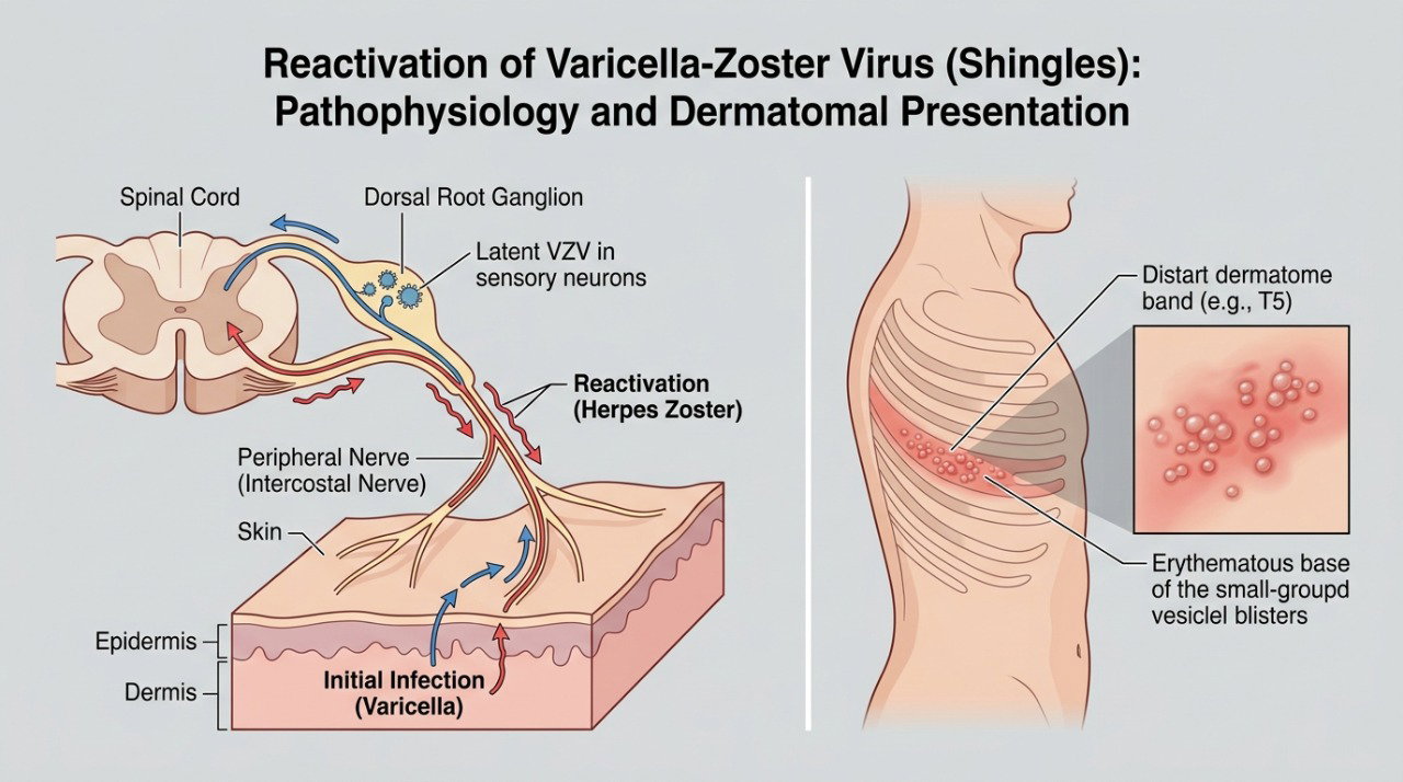 O herpes-zóster ocorre quando o vírus varicela-zóster volta a se ativar no organismo.