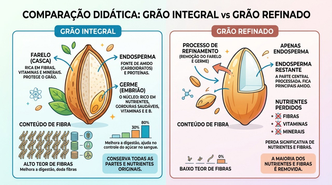 Os grãos integrais preservam mais partes do cereal e costumam fornecer mais fibras.