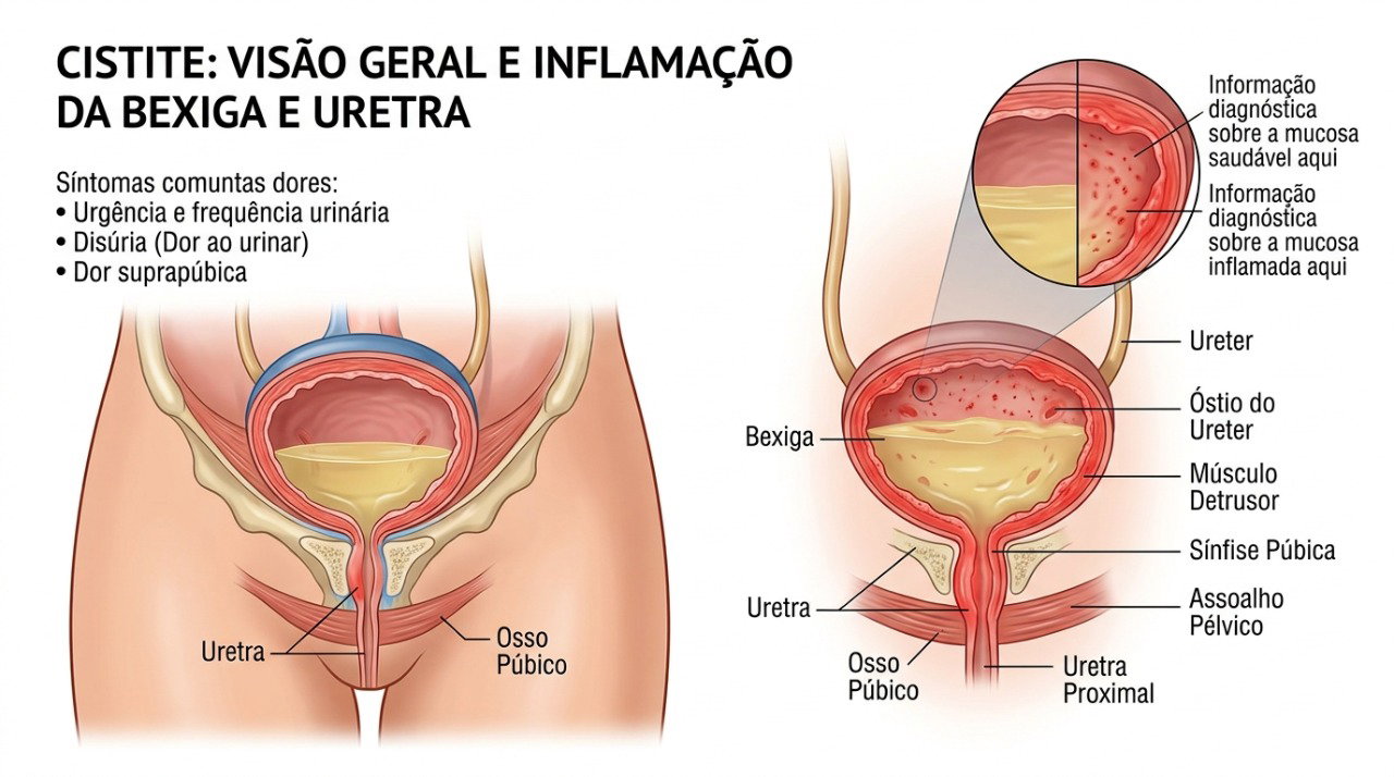 A cistite pode causar dor no baixo ventre, urgência urinária e ardor ao fazer xixi.