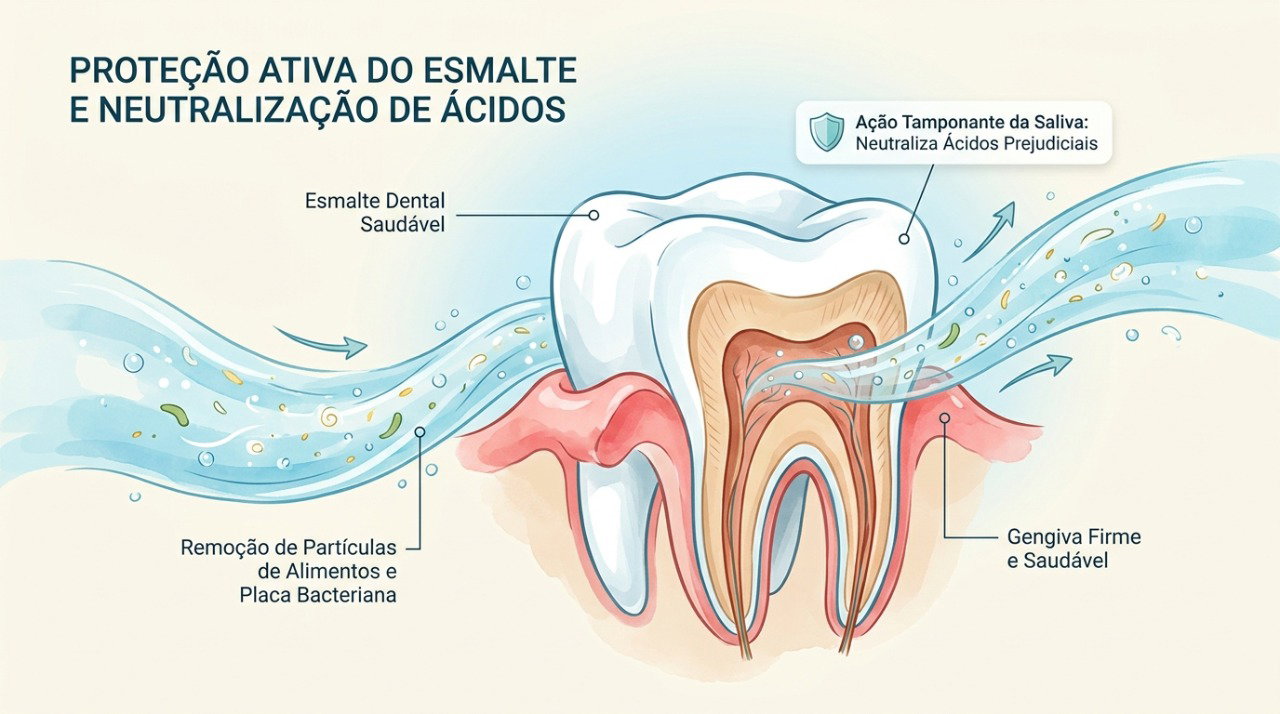 O aumento da saliva ajuda a neutralizar ácidos e favorece a remineralização do esmalte dentário.
