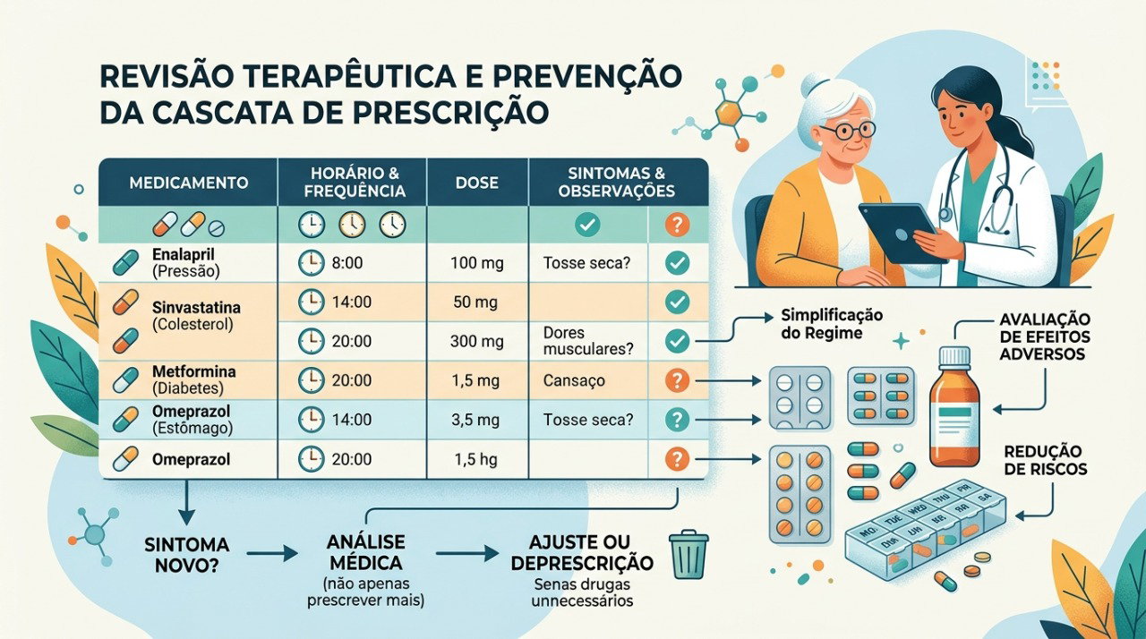 Revisar medicamentos, doses e sintomas ajuda a identificar possíveis efeitos adversos e interações.