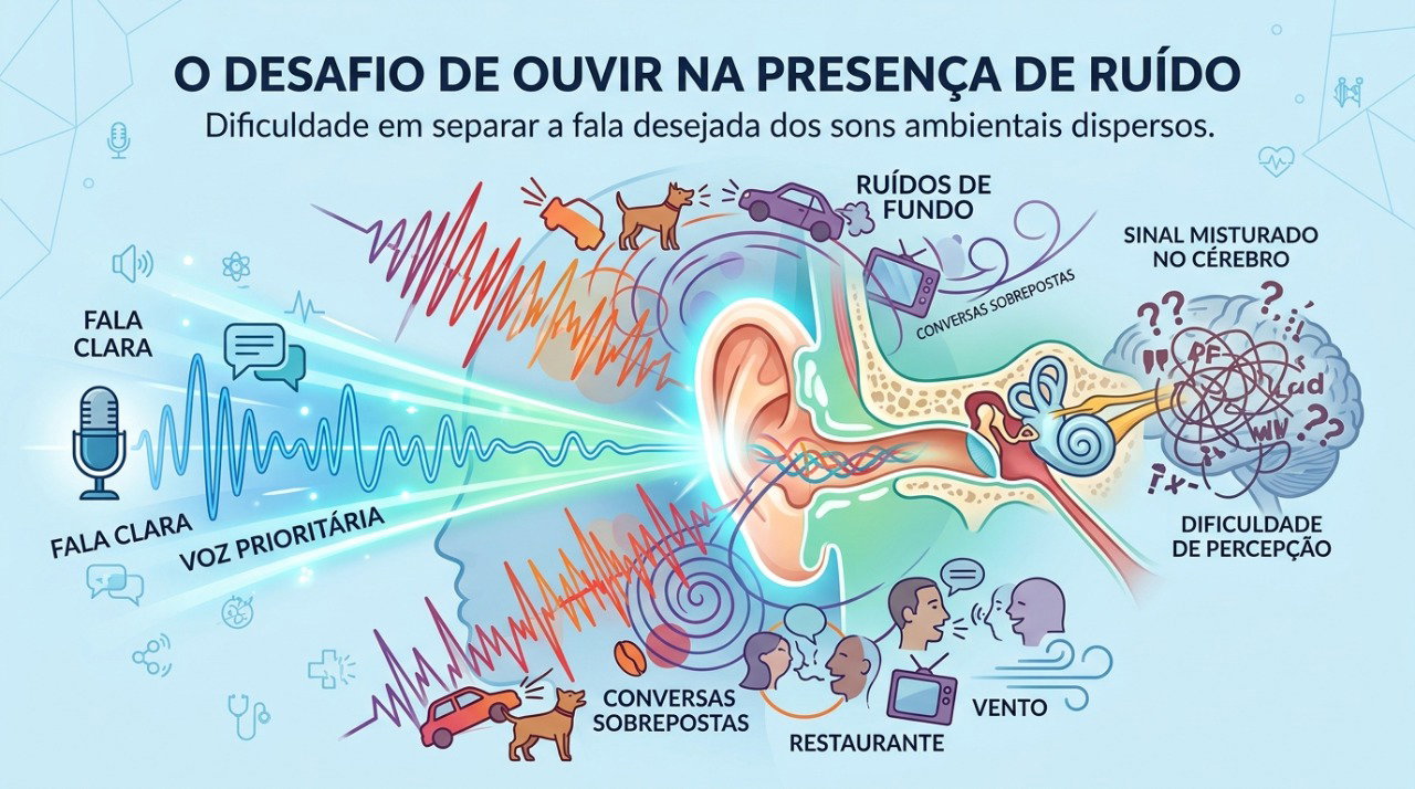 A perda auditiva pode tornar mais difícil distinguir a fala entre vários ruídos ao mesmo tempo.