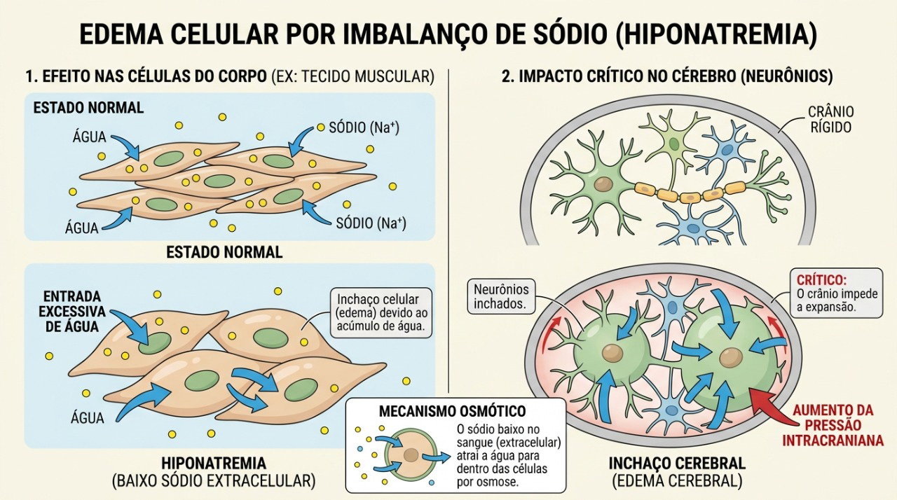 Na hiponatremia, o desequilíbrio entre sódio e água pode afetar especialmente as células do cérebro.