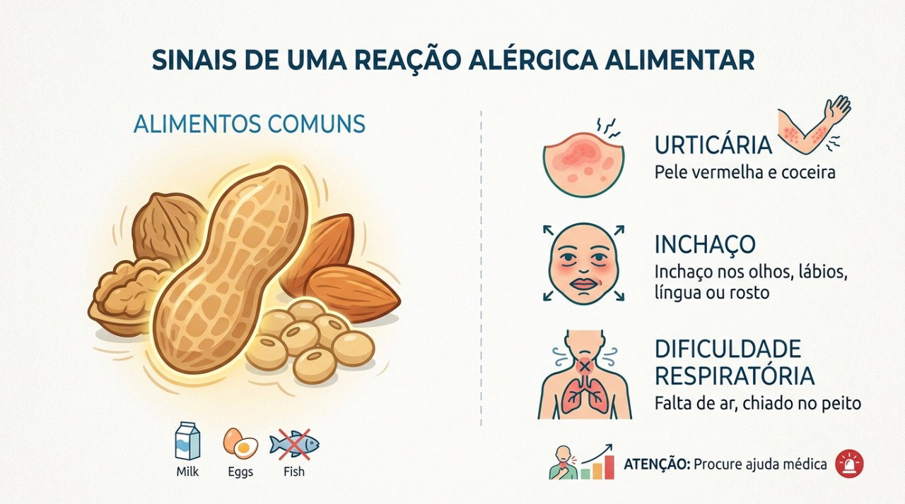 Urticária, inchaço e sintomas respiratórios após comer podem levantar suspeita de alergia alimentar.