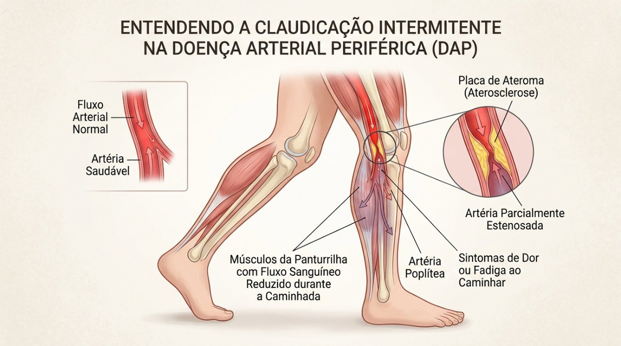 O estreitamento das artérias pode reduzir o fluxo de sangue para os músculos das pernas durante o esforço.