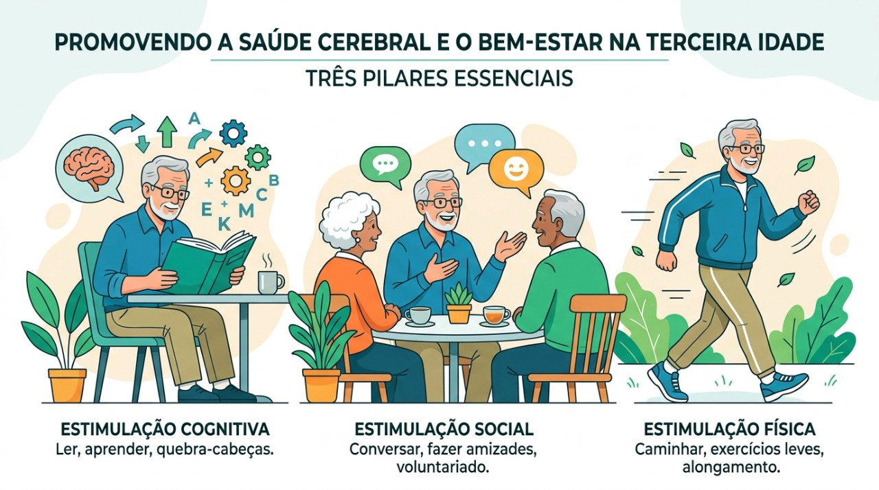 Saúde cognitiva se beneficia de estímulos mentais variados, convívio social e atividade física.