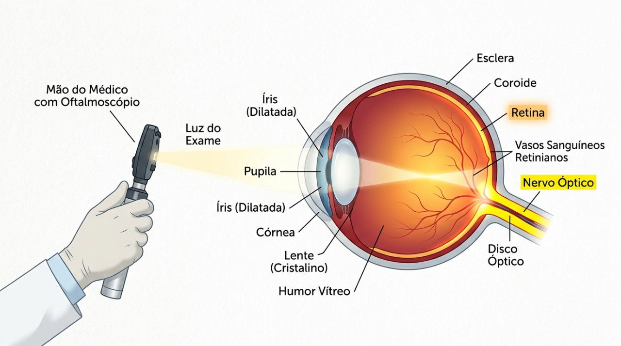 O exame com dilatação permite avaliar retina, nervo óptico e outras estruturas internas dos olhos.