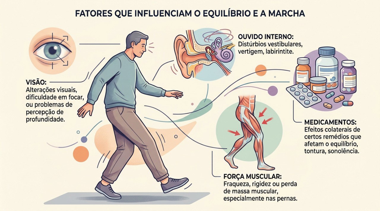 Alterações na visão, força, ouvido interno e uso de medicamentos podem contribuir para a perda de equilíbrio.