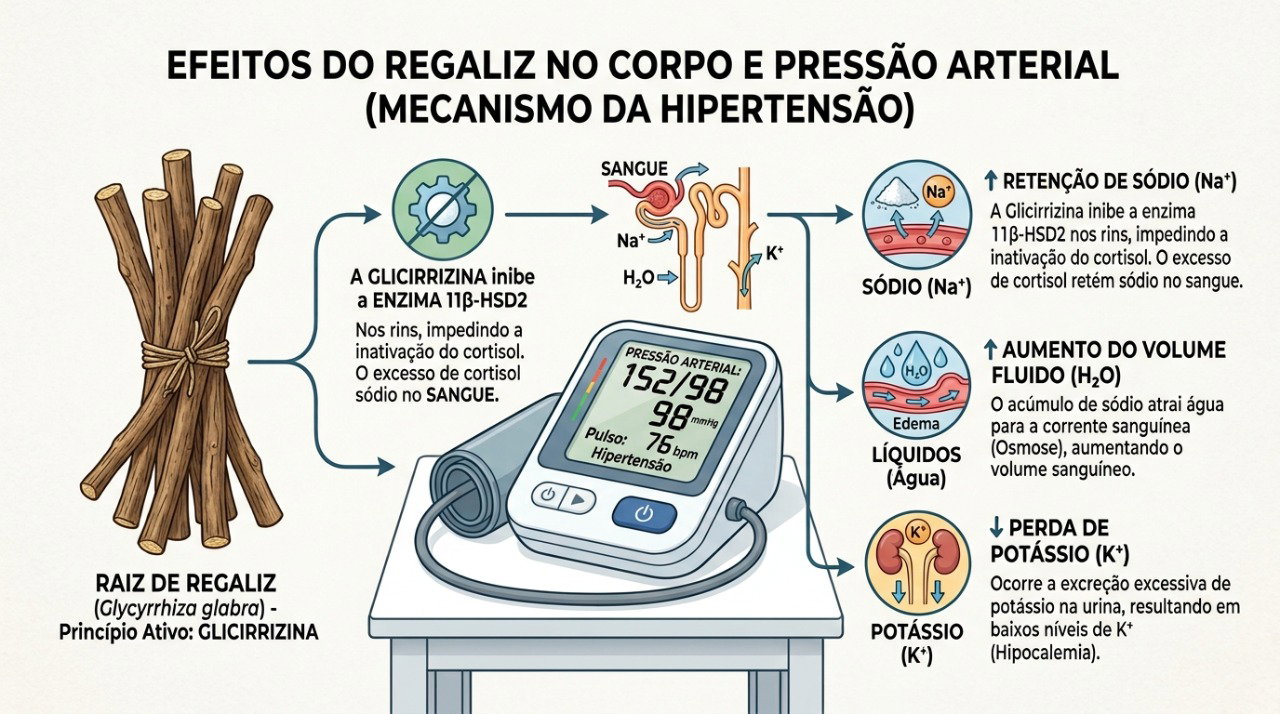 A glicirrizina do alcaçuz pode favorecer retenção de sódio e alterações no potássio e na pressão.