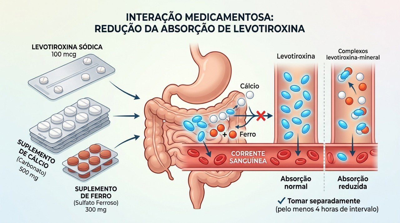 Cálcio, ferro e outros produtos podem interferir na absorção intestinal da levotiroxina.