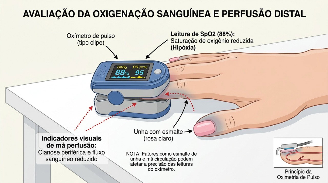 Esmalte, mãos frias e movimento podem interferir na medição da saturação de oxigênio.