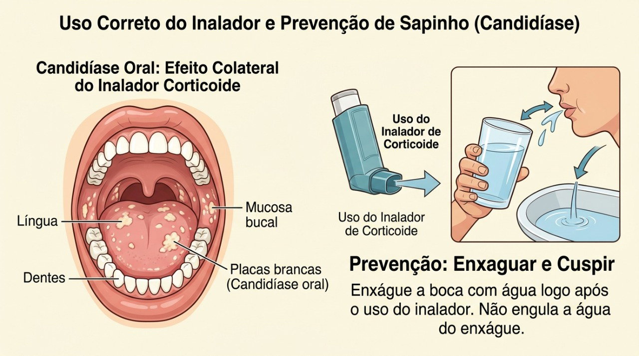 Enxaguar a boca após o corticoide inalatório ajuda a reduzir o risco de candidíase oral.