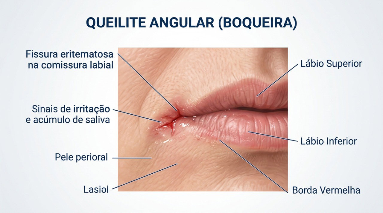 Saliva, atrito, fungos, bactérias e outros fatores podem dificultar a cicatrização da queilite angular.