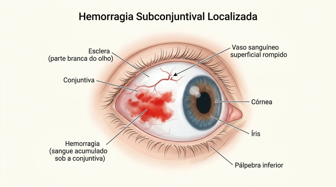 A hemorragia subconjuntival acontece quando um pequeno vaso se rompe sob a conjuntiva.