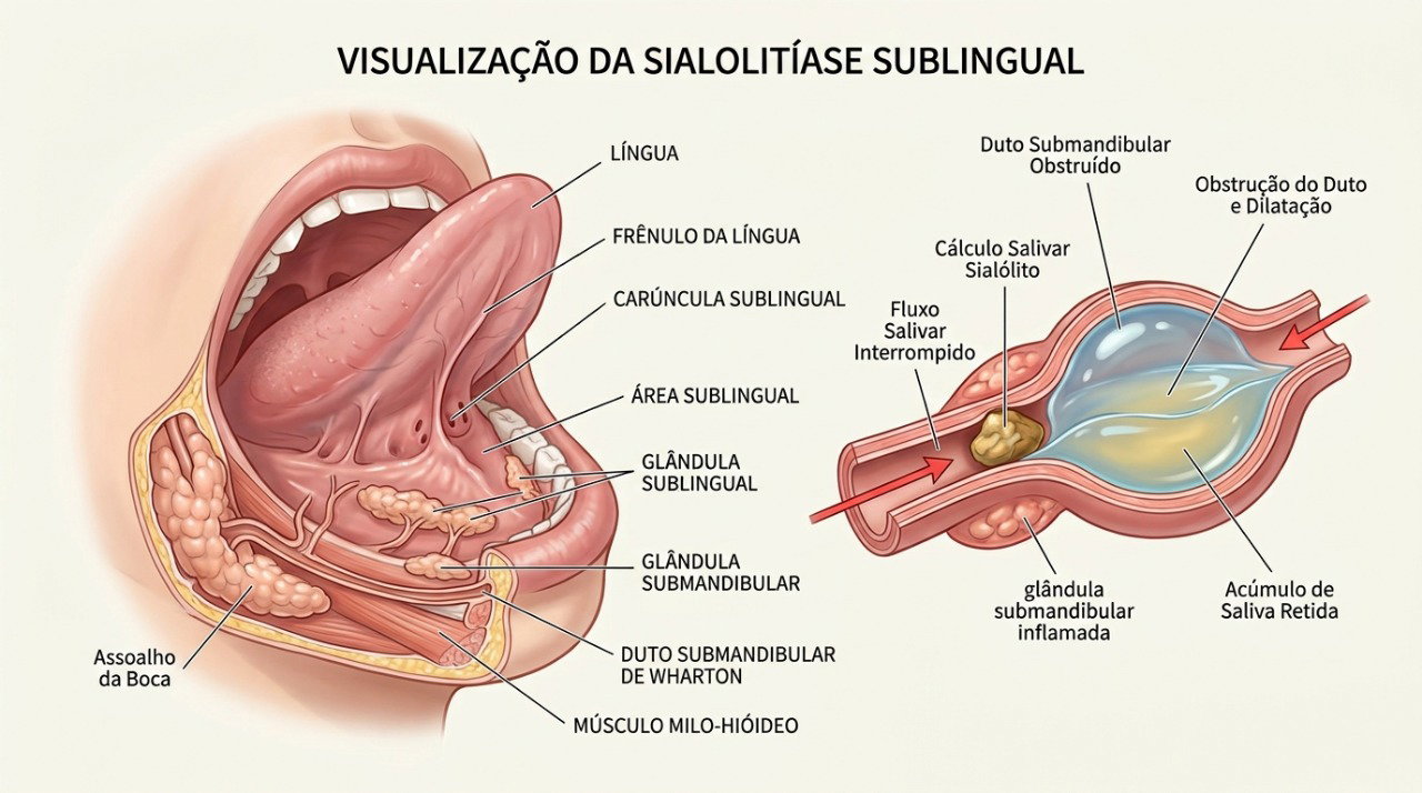 Uma pedra salivar pode bloquear o ducto e provocar dor e inchaço principalmente durante as refeições.