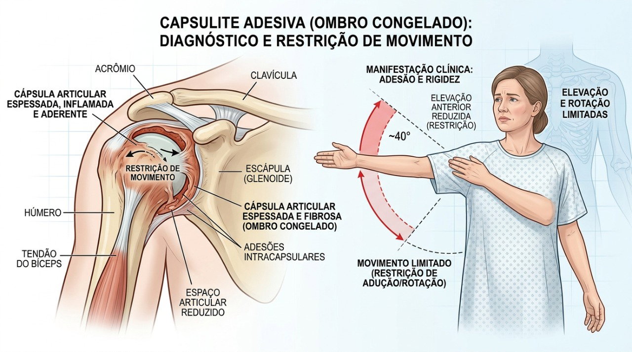 Na capsulite adesiva, a cápsula do ombro fica mais rígida e limita progressivamente os movimentos.