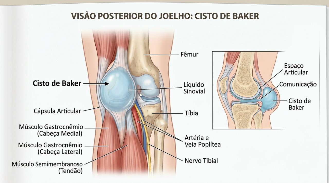 O cisto de Baker é formado pelo acúmulo de líquido na região posterior do joelho.
