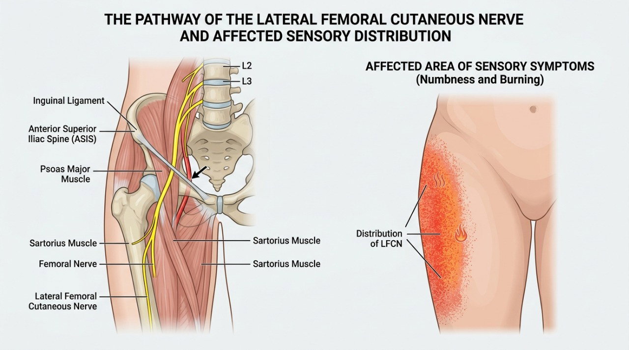 Na meralgia parestésica, a compressão do nervo cutâneo femoral lateral altera a sensibilidade da parte externa da coxa.