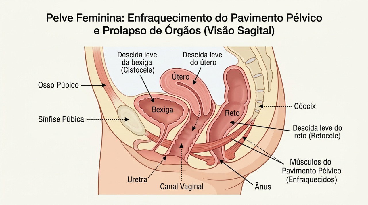 No prolapso de órgãos pélvicos, estruturas da pelve podem descer e pressionar o canal vaginal.