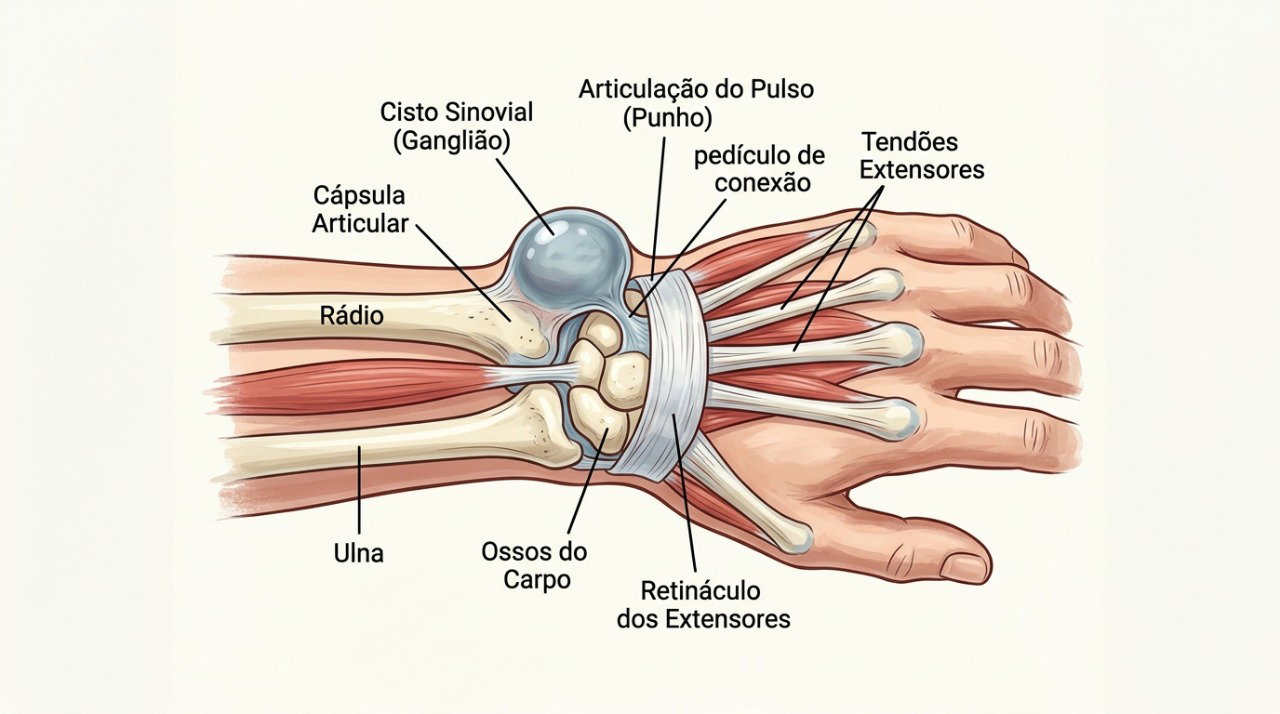 O cisto de gânglio forma uma bolsa com líquido próxima à articulação ou aos tendões do punho.