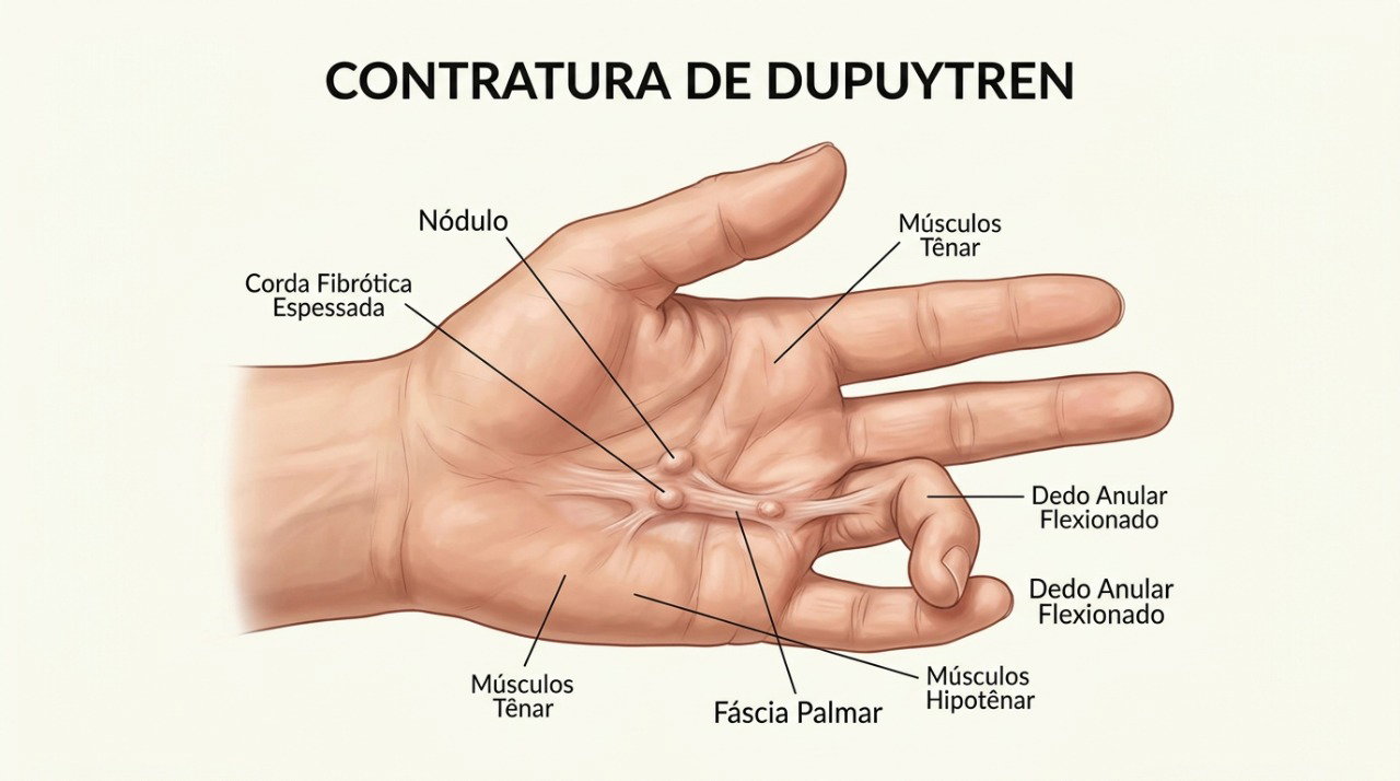 Na contratura de Dupuytren, o tecido da palma engrossa e pode limitar progressivamente a extensão dos dedos.