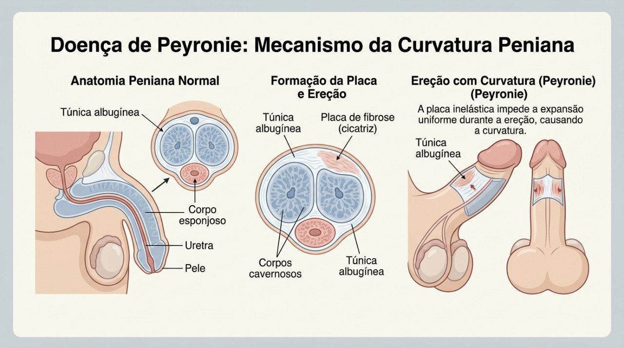 Na doença de Peyronie, uma placa de tecido cicatricial pode reduzir a elasticidade e causar curvatura do pênis.