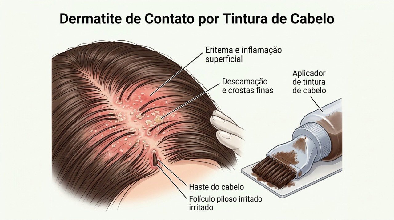 A tintura pode causar dermatite de contato e provocar coceira, ardência, vermelhidão e inchaço.