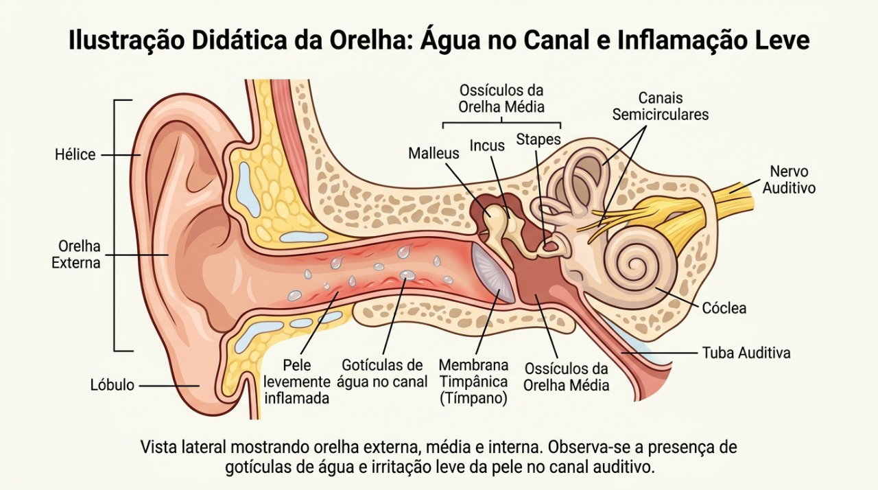 Água presa e pequenos machucados no canal auditivo podem favorecer irritação e otite externa.