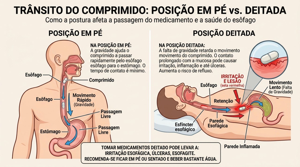 Permanecer sentado ou em pé após o alendronato ajuda o comprimido a chegar ao estômago e reduz o contato com o esôfago.