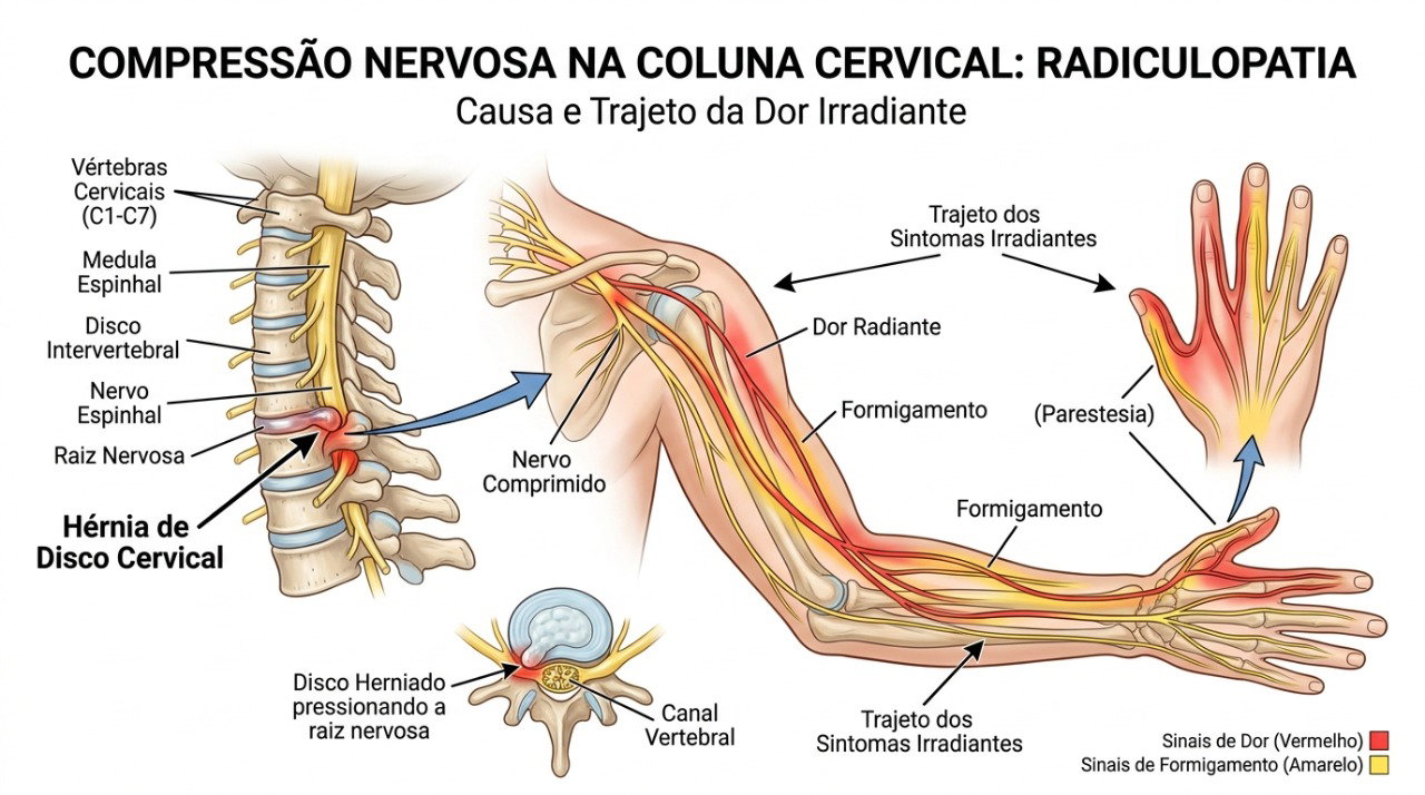 Na radiculopatia cervical, a irritação de um nervo no pescoço pode causar dor, dormência e formigamento no braço.
