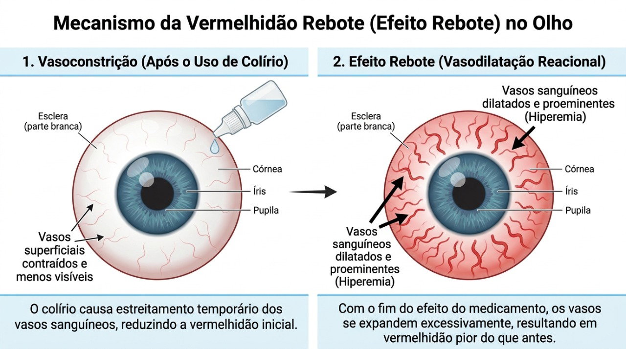 Colírios vasoconstritores podem clarear o olho por algumas horas e depois favorecer nova vermelhidão.