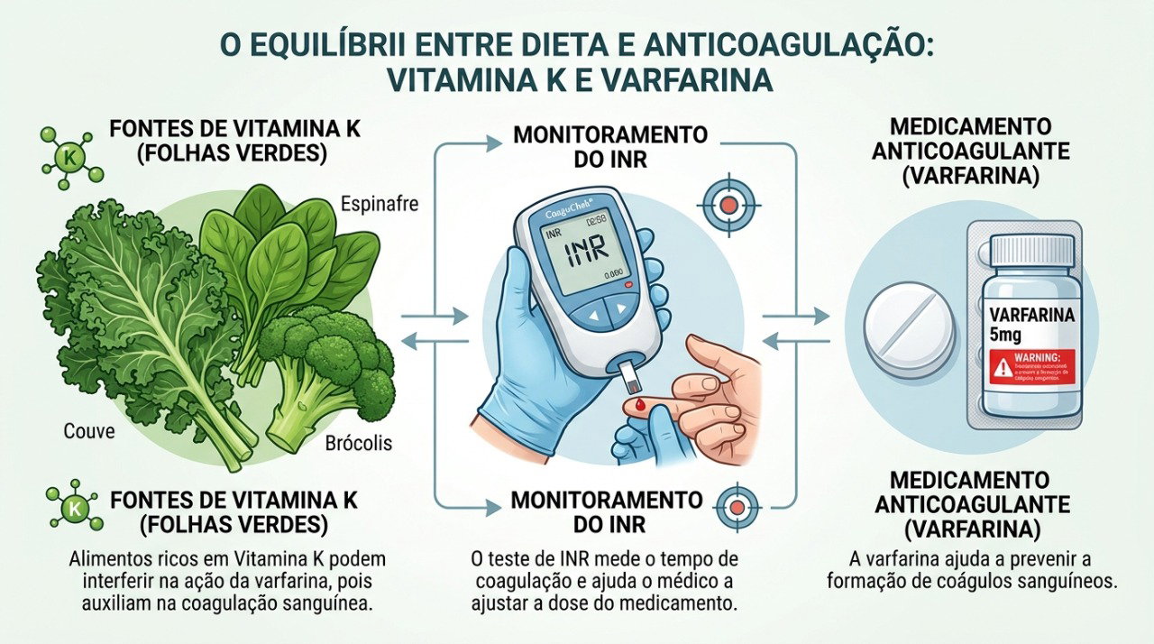 Mudanças grandes na ingestão de vitamina K podem alterar o efeito da varfarina e o controle do INR.