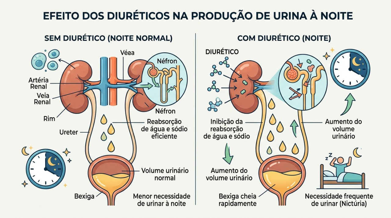 Diuréticos aumentam a eliminação de água e sal e podem provocar mais vontade de urinar nas horas seguintes à dose.