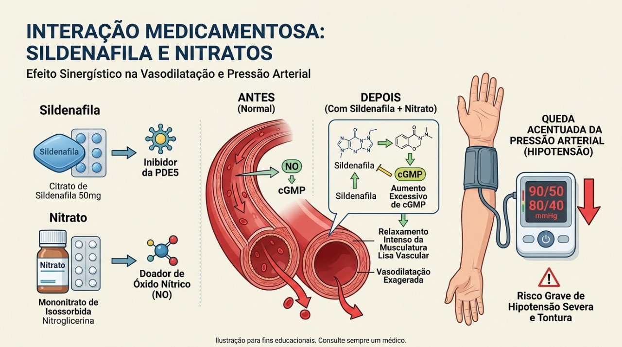 Sildenafil e nitratos podem somar seus efeitos sobre os vasos e causar uma queda perigosa da pressão.