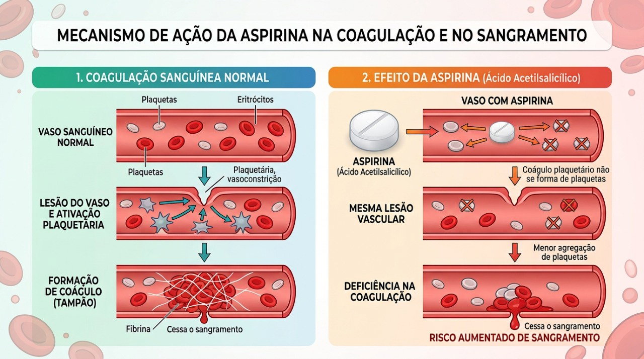 A aspirina reduz a formação de coágulos, mas também pode aumentar o risco de sangramentos.