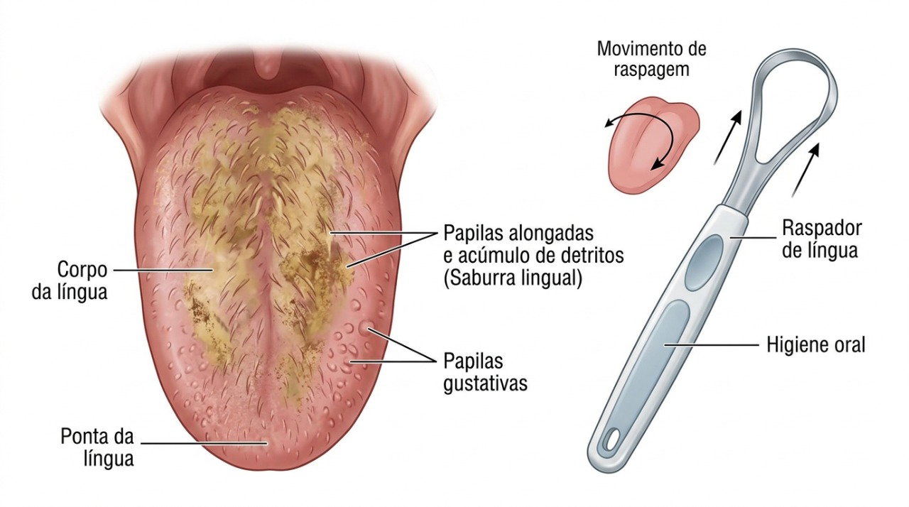 Papilas alongadas podem reter resíduos, bactérias e pigmentos, deixando a língua escura.