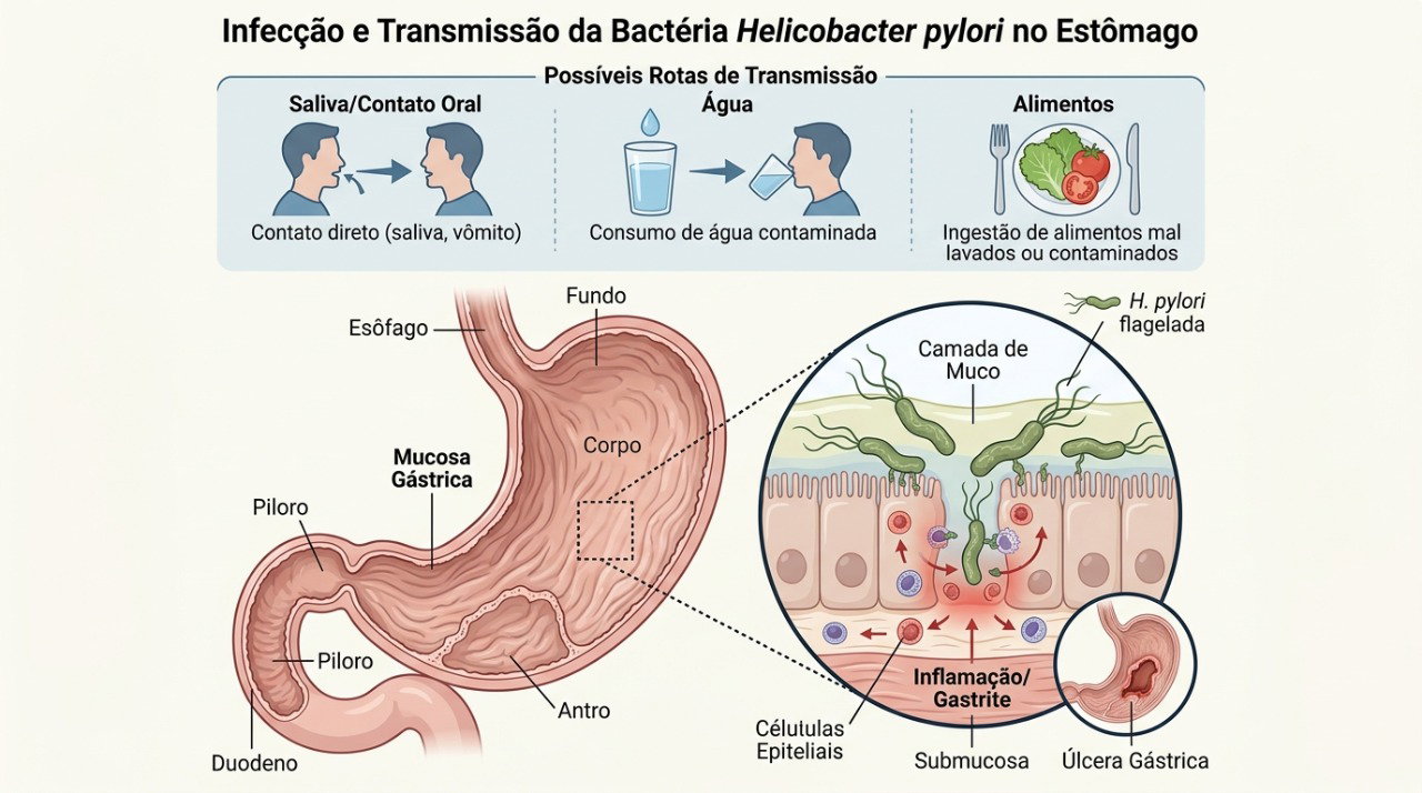 A H. pylori pode chegar ao organismo por contato entre pessoas ou por água e alimentos contaminados.
