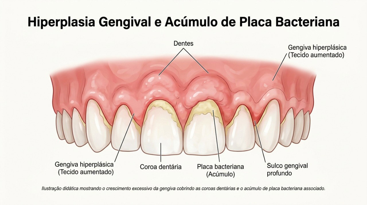 Alguns medicamentos podem favorecer o aumento gengival, enquanto a placa bacteriana pode piorar a inflamação.