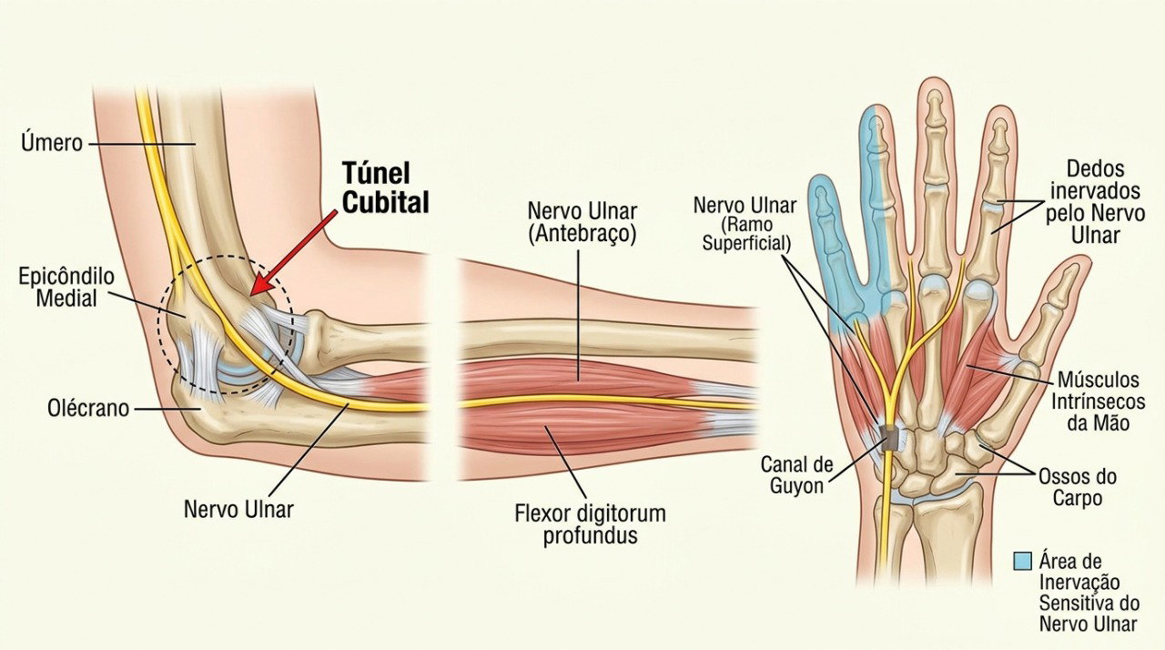 O nervo ulnar passa pelo cotovelo e leva sensibilidade principalmente ao mindinho e parte do dedo anelar.