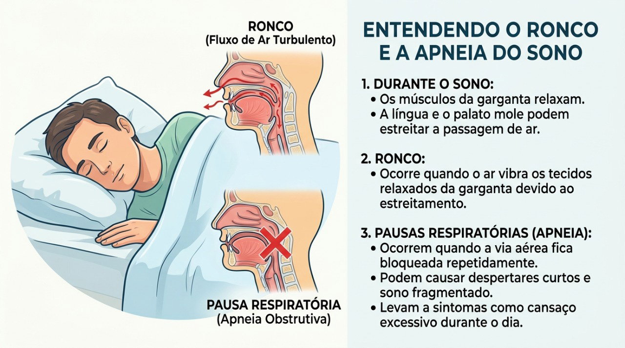 Ronco alto e pausas na respiração podem acompanhar a apneia do sono.